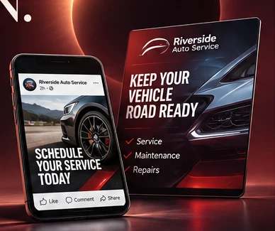 Illustrative automotive marketing concept showing a social media post and promotional graphic